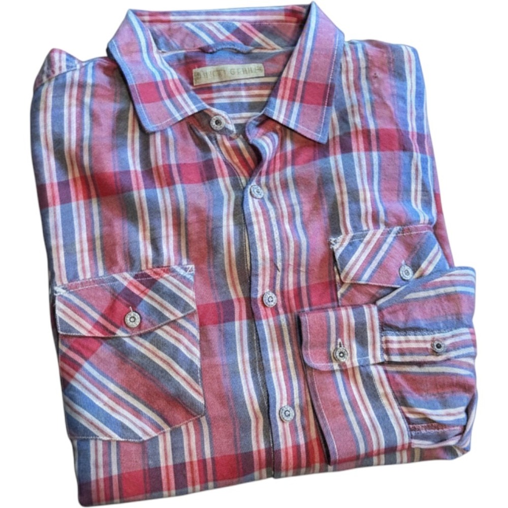 Nifty Genius Plaid Button Down Shirt Small Red Blue‎ Flannel Workwear Americana